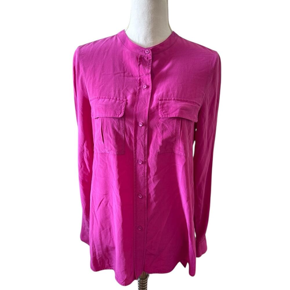 Vince Brushed Silk Long Sleeve Button Front Top Magenta S